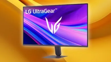 LG UltraGear monitor displaying vibrant purple and blue abstract design.