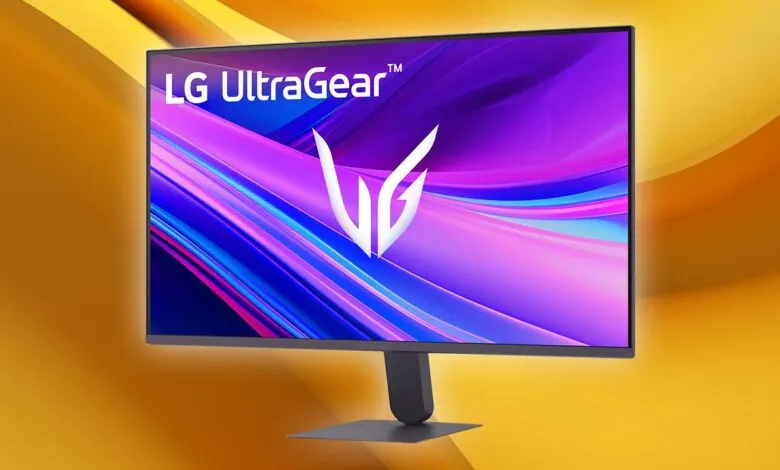 LG UltraGear monitor displaying vibrant purple and blue abstract design.