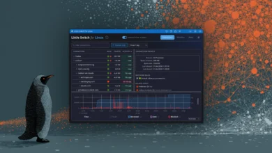 Little Snitch for Linux interface with penguin mascot, showing network connections.