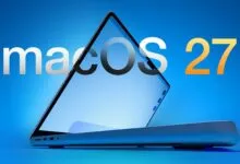 MacBook Pro with 'macOS 27' text overlayed on screen, blue background.