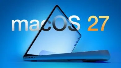 MacBook Pro with 'macOS 27' text overlayed on screen, blue background.