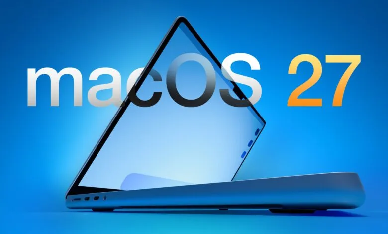 MacBook Pro with 'macOS 27' text overlayed on screen, blue background.