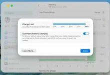 MacOS Battery settings showing charge limit and optimized battery charging.