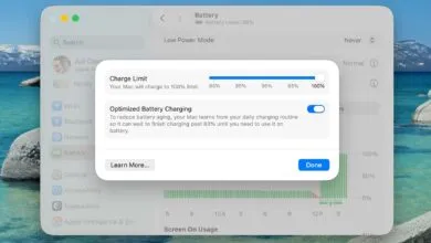MacOS Battery settings showing charge limit and optimized battery charging.
