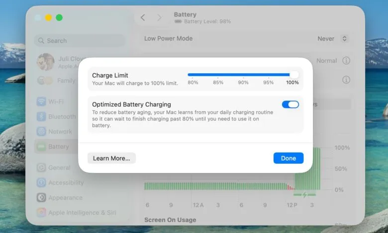 MacOS Battery settings showing charge limit and optimized battery charging.