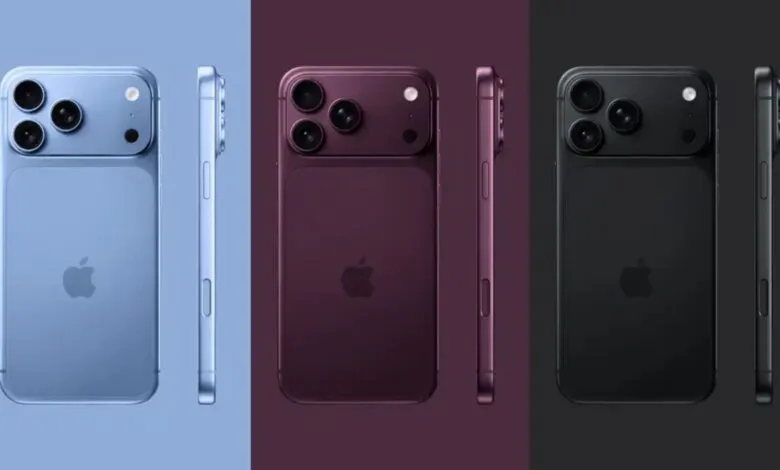 Three iPhones in blue, purple, and black, shown from back and side.