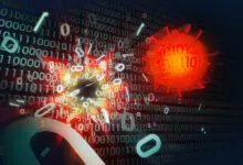 Digital virus attacking binary code, representing cyber security threat.