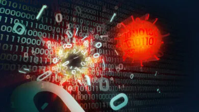 Digital virus attacking binary code, representing cyber security threat.