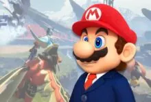 Mario in a suit stands before a Palworld landscape with flying creatures.