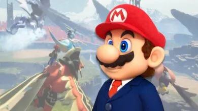 Mario in a suit stands before a Palworld landscape with flying creatures.