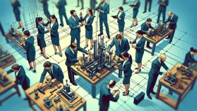 Business professionals collaborate on complex machinery, symbolizing integration.