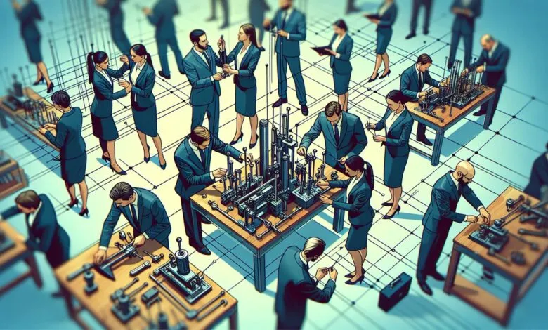 Business professionals collaborate on complex machinery, symbolizing integration.