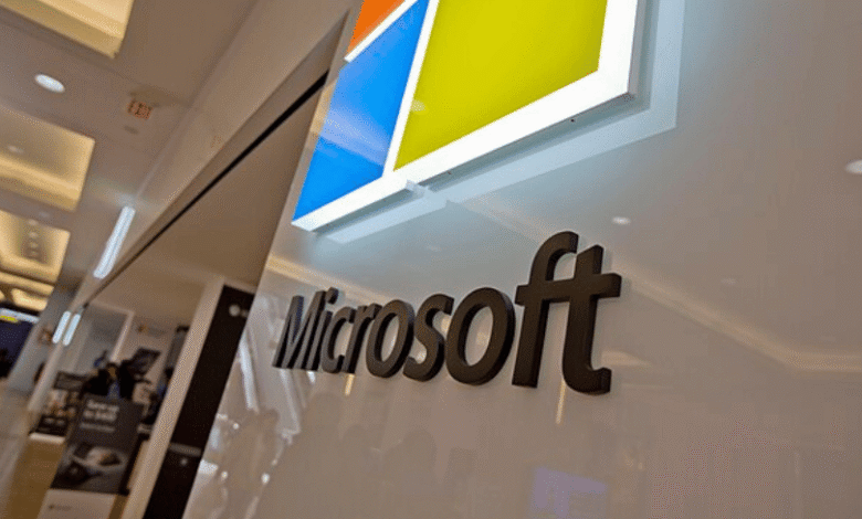 Microsoft logo with blue, yellow, and orange squares above the company name.