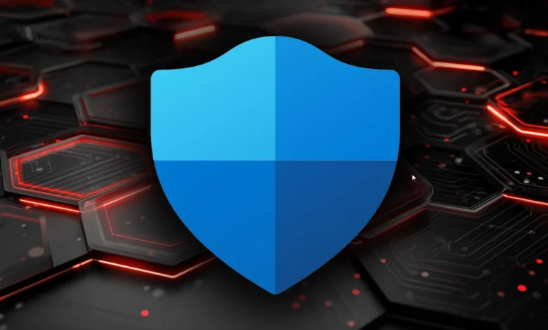 Blue shield icon on a dark, futuristic hexagonal background.