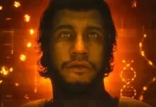 Close-up of a man's face with a digital, orange background.