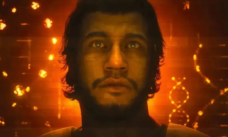 Close-up of a man's face with a digital, orange background.