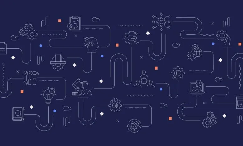 Abstract illustration of a complex system with interconnected icons.