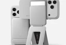 MOFT phone case and stand in light gray, showcasing its multi-functional design.