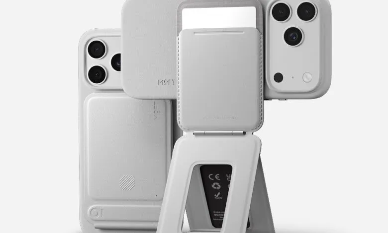 MOFT phone case and stand in light gray, showcasing its multi-functional design.