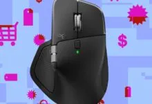 Logitech MX Master 3S mouse on a sale-themed background.