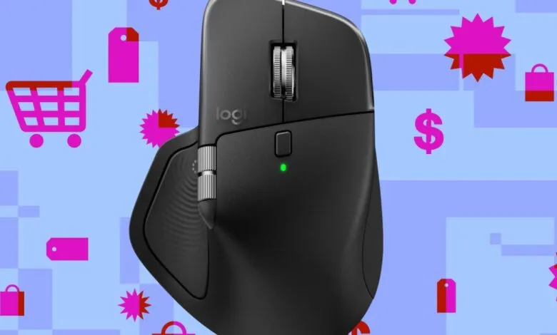Logitech MX Master 3S mouse on a sale-themed background.