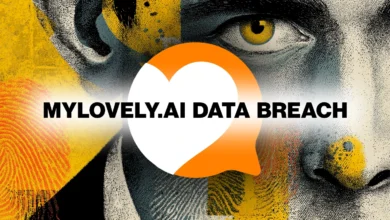 MyLovely.AI data breach graphic with face, fingerprint, and heart logo.