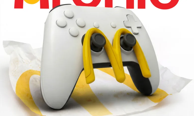 McDonald's themed game controller on a wrapper, yellow arches as joysticks.