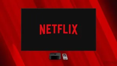 Netflix logo displayed on a TV screen with Apple TV device and remote.