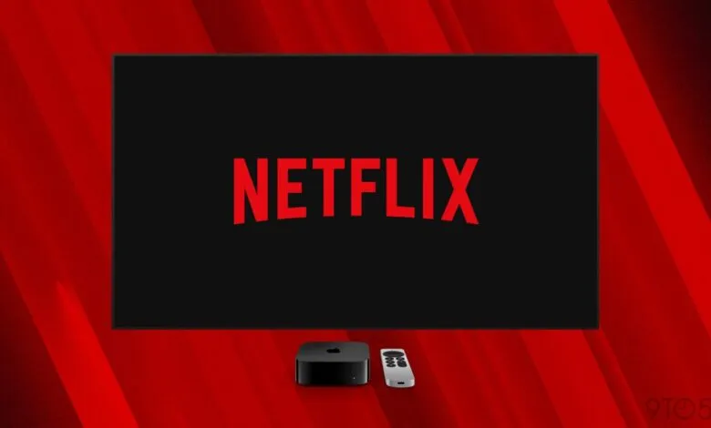 Netflix logo displayed on a TV screen with Apple TV device and remote.