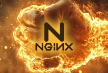 Fiery fist with Nginx logo, symbolizing power and performance.