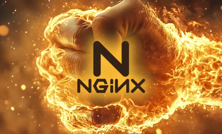 Fiery fist with Nginx logo, symbolizing power and performance.