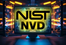 Computer screen displaying 'NIST NVD' with futuristic background.