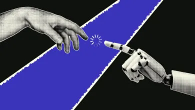 Human and robot hands reaching, connection symbolized by loading icon.