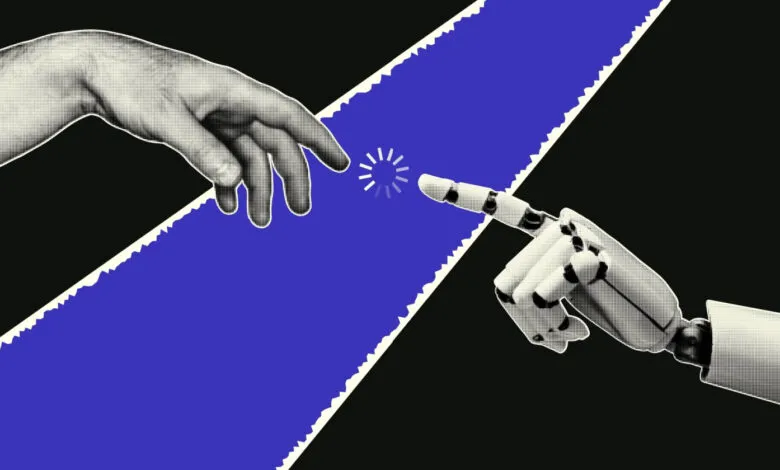 Human and robot hands reaching, connection symbolized by loading icon.