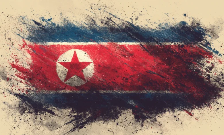 Distressed North Korean flag with paint splatter effect.