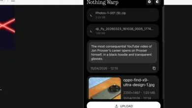 Nothing Warp interface showing file uploads and a Jon Prosser video description.