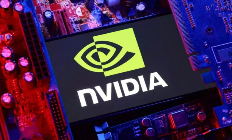 NVIDIA logo displayed on a screen surrounded by computer components.