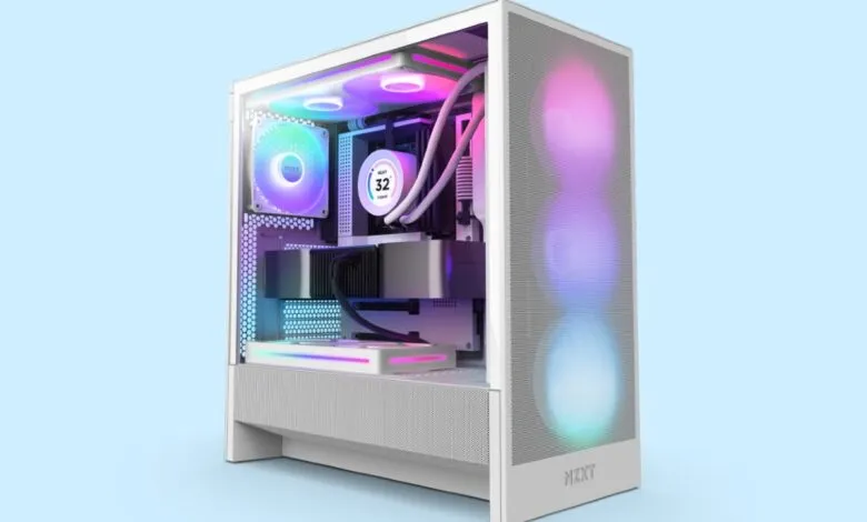 White NZXT PC case with RGB lighting, showcasing internal components.