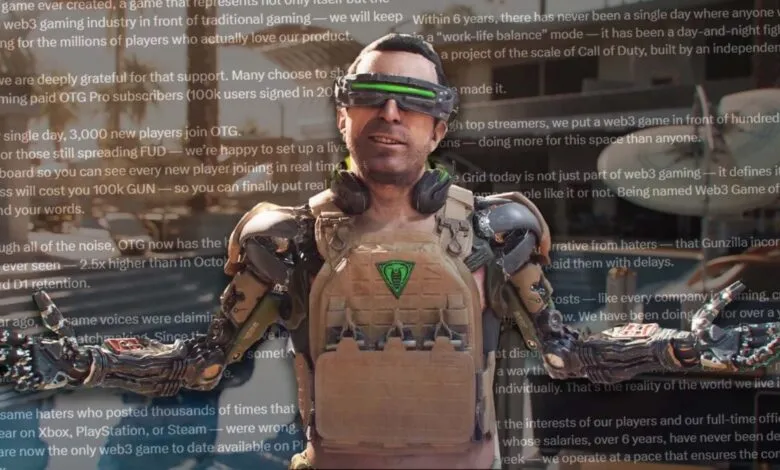 Man in tactical gear with robotic arms overlaid with text about Web3 gaming.