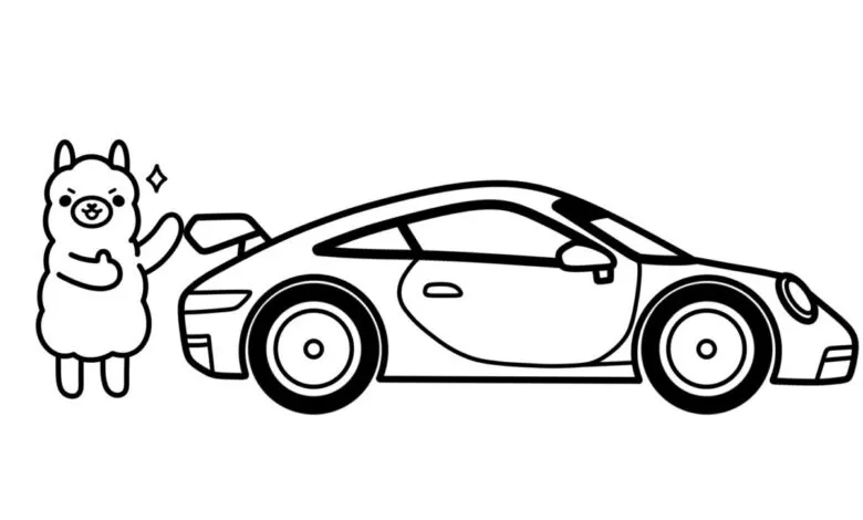 Cartoon alpaca admires sleek sports car, outlined in black and white.