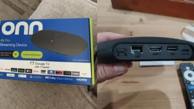 Onn 4K Pro streaming device box and device back panel with remote.