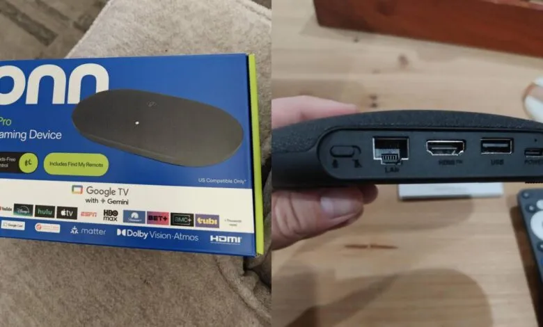 Onn 4K Pro streaming device box and device back panel with remote.