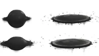 Four stages of a black liquid drop impacting a surface, showing deformation.