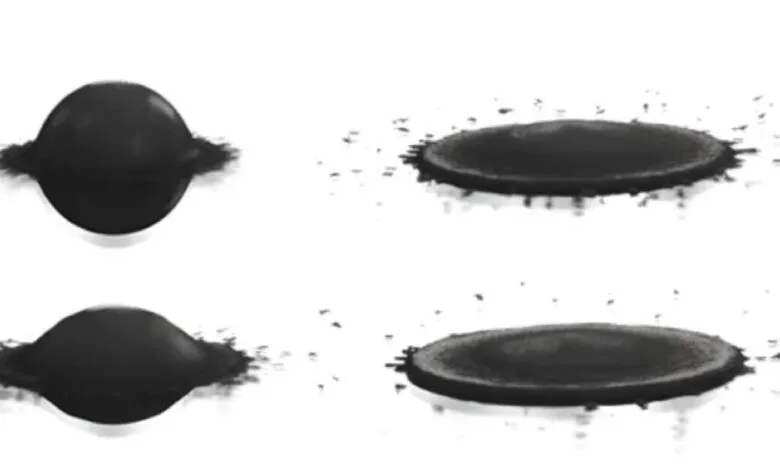 Four stages of a black liquid drop impacting a surface, showing deformation.