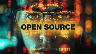 Close-up of person with glasses, overlaid with code and 'OPEN SOURCE' text.