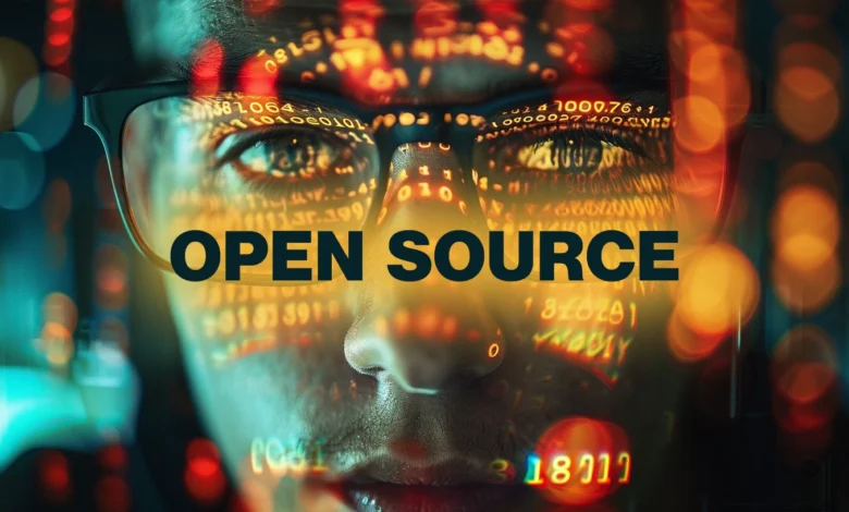 Close-up of person with glasses, overlaid with code and 'OPEN SOURCE' text.