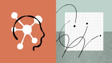 Abstract art: head with network nodes, chaotic lines on grid.