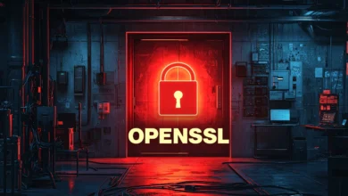 OpenSSL logo with padlock on a red door in a dark, industrial setting.