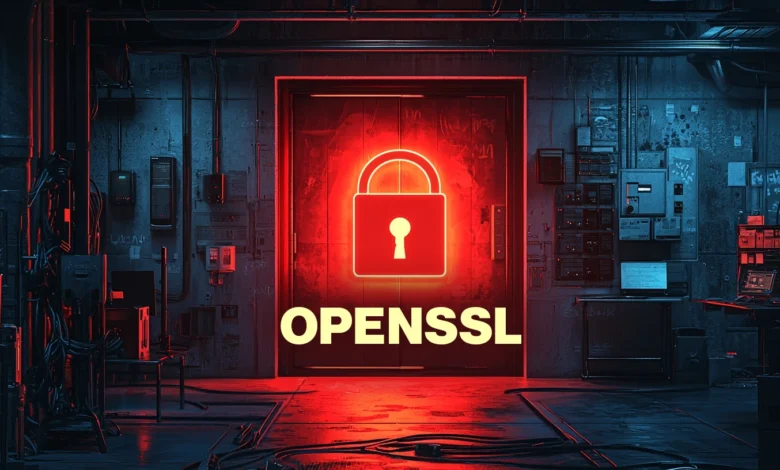 OpenSSL logo with padlock on a red door in a dark, industrial setting.