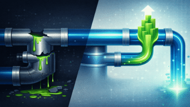 Broken pipe leaking vs. efficient pipe with upward flow.